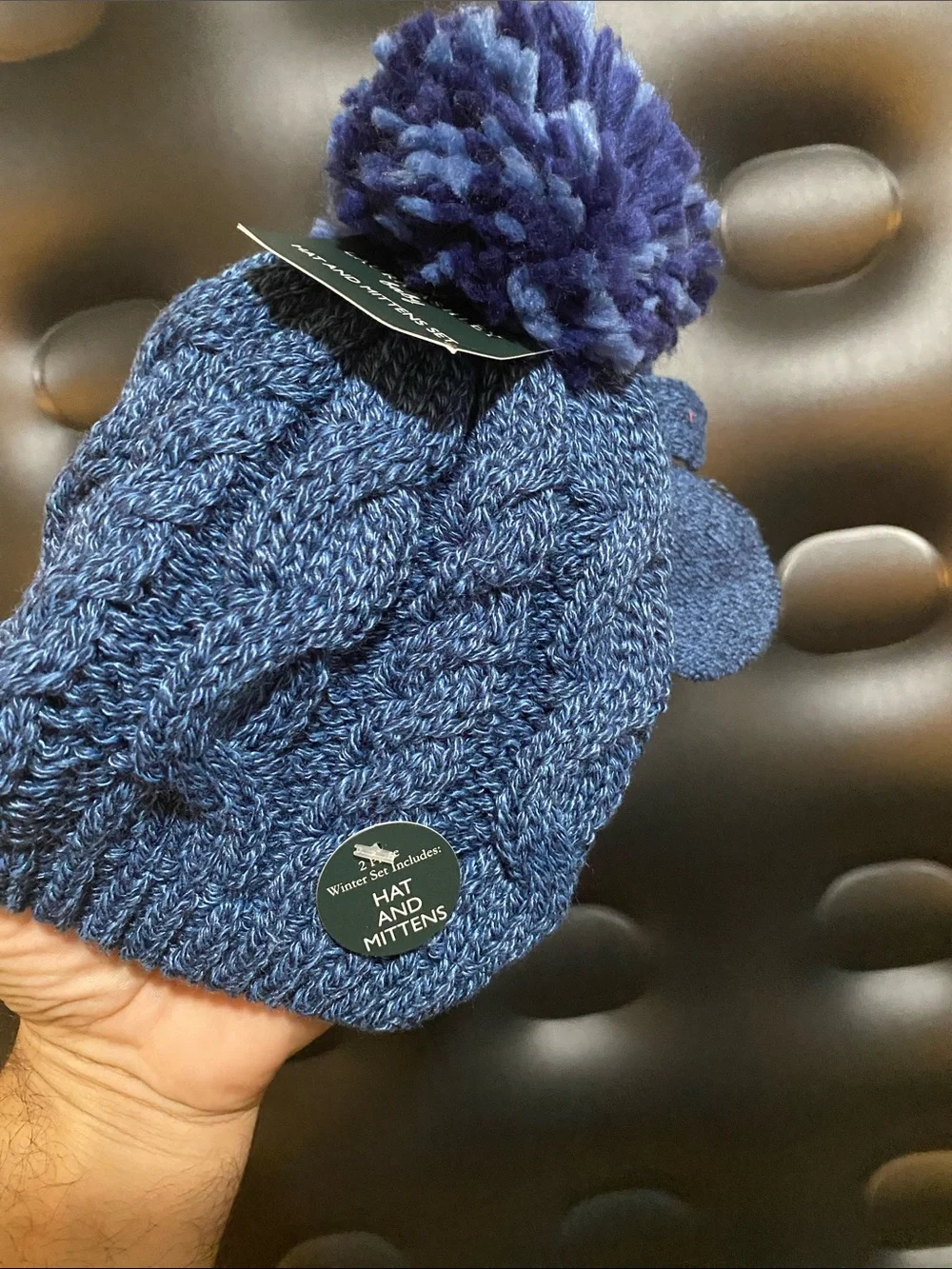 Laura Ashley Blue Cable Knit Pom Hat with Matching Mittens - Kids